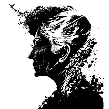 abstrack black outline drawing of a silhouette of an old lady in the style of manga japanese abstract mange drawing of old lady pure white background ink blot style manga side profile of old womans 
