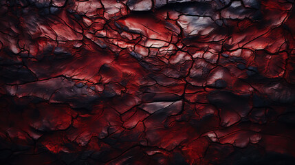 Charred wood bark red texture. Detailed macro close-up view of tree burned scratched cork...