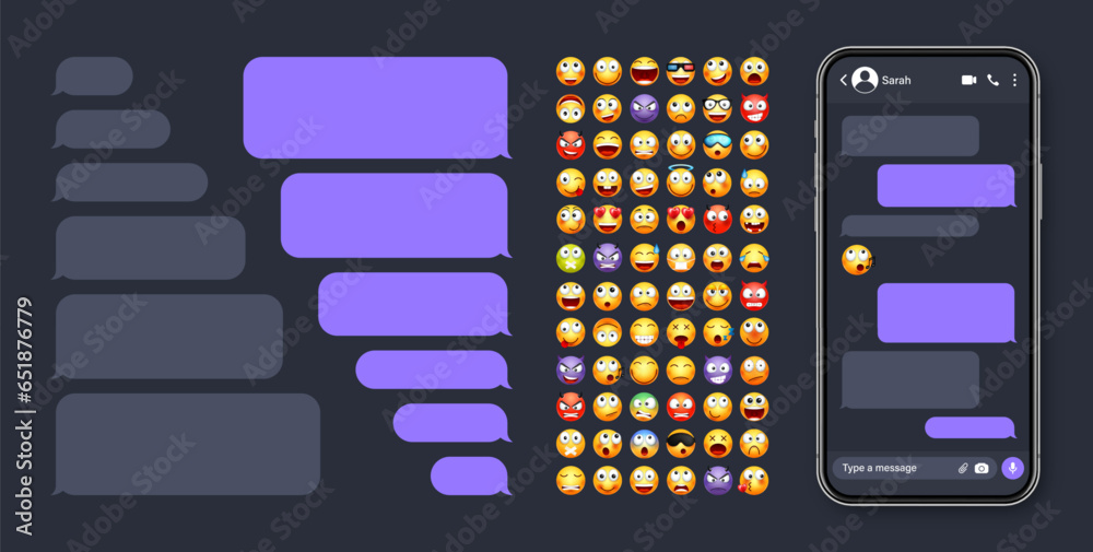 Wall mural smartphone messaging app, user interface with emoji. sms text frame. chat screen, violet message bub