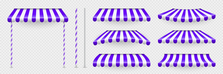 Fototapeta na wymiar Violet shop sunshade with stand holders. Realistic striped cafe awning. Outdoor market tent. Roof canopy. Summer street store. Vector illustration