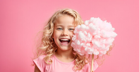 Obraz na płótnie Canvas Beautiful cute little girl with cotton candy portrait