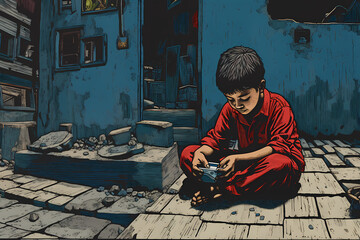 Young child sitting in front of an old ruined house in poor neighborhood and holding something. Little boy sitting outside, playing or opening a gift box or eating