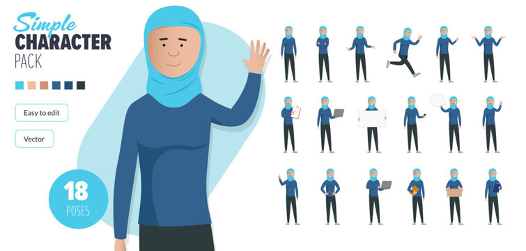 Simple flat female with headscarf vector character in a set of multiple poses. Easy to edit and isolated on a white background. Modern trendy style character mega pack with lots of poses. 