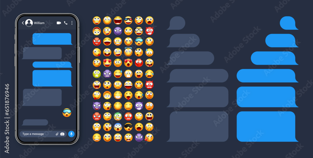 Wall mural smartphone messaging app, user interface with emoji. sms text frame. chat screen, blue message bubbl