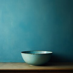 Empty blue rusty bowl standing on the table