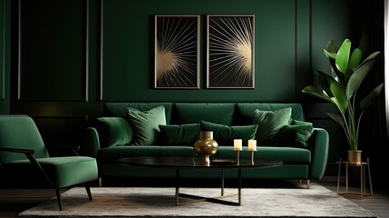 Comfortable seating in an elegantly designed living area. Dark green