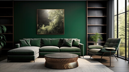 Stylish decor in a cozy living room. Dark green