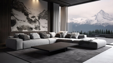 Contemporary elements in a well-decorated living room. Grey