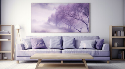 Modern decor elements in a stylish living room. Lavender
