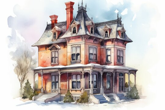 Watercolor victorian red house. Retro building. Generate Ai