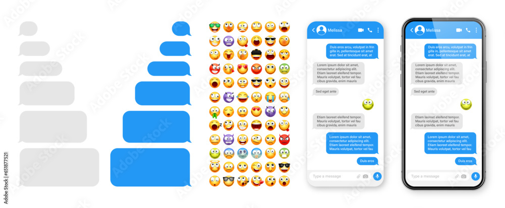 Wall mural smartphone messaging app, user interface design with emoji. sms text frame. chat screen with blue me