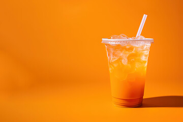 Orange color drink in a plastic cup isolated on a orange color background. Take away drinks concept with copy space - obrazy, fototapety, plakaty