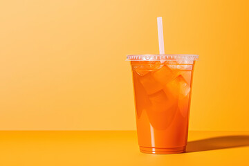 Orange color drink in a plastic cup isolated on a orange color background. Take away drinks concept...