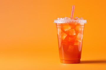 Orange color drink in a plastic cup isolated on a orange color background. Take away drinks concept with copy space - obrazy, fototapety, plakaty