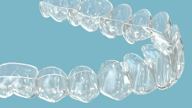 Invisalign braces or invisible retainer installation on teeth. Dental 3D animation