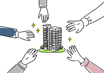 ビル建築に力を合わせる人々の手シンプル線画