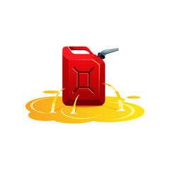 Leaking gasoline canister.Red jerrycan with fuel.