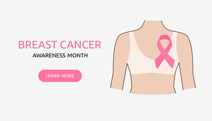 Breast Cancer awareness banner illustration. Woman with pink ribbon. Pink October month female healthcare campaign solidarity web template design. Vector illustration. - obrazy, fototapety, plakaty