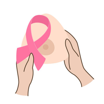 Hands holding Breast prosthesis with a pink ribbon. Breast prosthesis for breast cancer patient after mastectomy. Concept Breast Cancer Awareness Month October. Vector illustration.