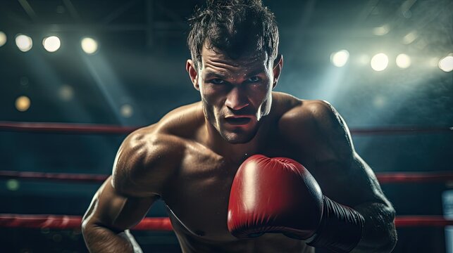 Close-up of a professional boxer fighting in a boxing ring.