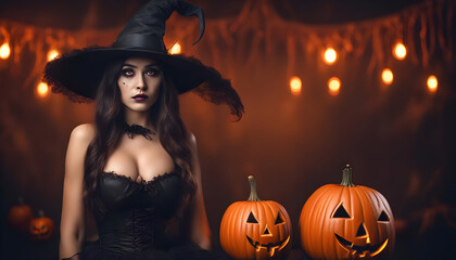 Halloween Special a girl wear a Halloween costume pumpkins background ai generated 