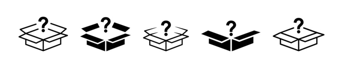 Set of box with question marks vector icons. Mystery, surprise or secret boxes. Prize, magic or present packaging. Vector 10 Eps.