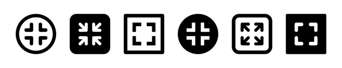 Obraz premium Set of full screen vector icons. Exit and entrance full screens. Small and bigger. Black buttons.