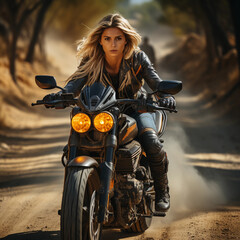 A young beautiful woman biker, rides a motorcycle on the road.  Her blonde hair is developing