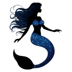 A close-up of a colorful glitter silhouette mermaid on a white background. AI-Generated.


