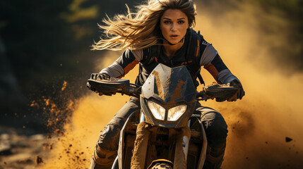 A beautiful young woman biker rides a motorcycle at full speed down the road. Her blond hair blows...