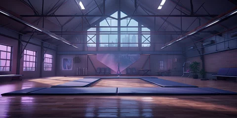 Foto op Plexiglas A cinematic and realistic gymnastics balance beam in a gymnastics gym © wiga