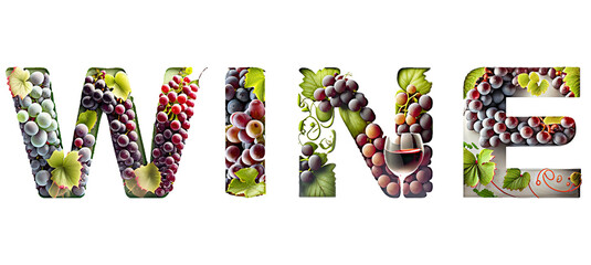 Wine lettering text illustration with bunches of grapes, vine leaves, wine glasses, on white background.