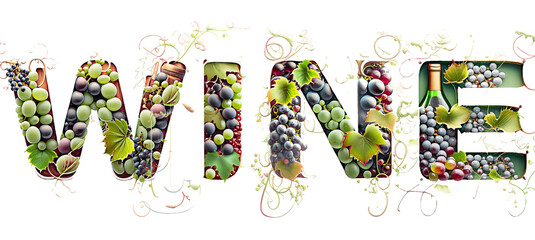 Wine lettering text illustration with bunches of grapes, vine leaves, wine bottles, wine glasses, on white background.