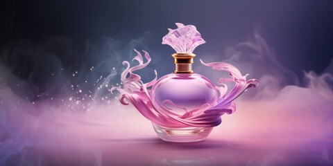 Perfume Bottle Illustration A Luxury Glass Or Crystal Perfume Bottle With A Smoky Waves Background In A Pink And Purple Theme Created Using Digital Illustration And Matte Painting - Powered by Adobe