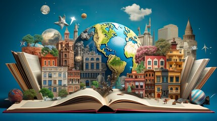 Education and Intelligence Collage with Global Travel Theme - Open Book with Globe and Real World Sights