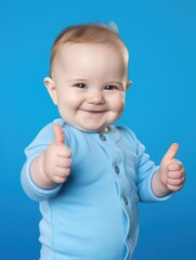 little baby giving a thumbs up isolated on blue background