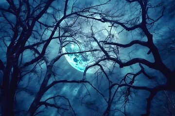 Tree branches in the moonlight background, moon and tree