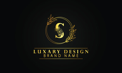 Letter S luxury circle flourish shape logo design template with black background
