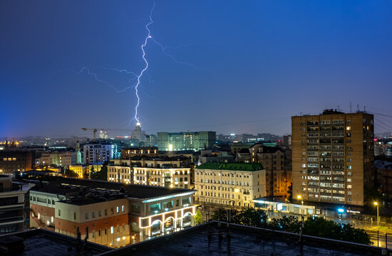 July 10, 2022, Moscow, Russia.  Lightning in the night sky during a thunderstorm in the center of the Russian capital.