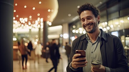 Naklejka premium Happy handsome young man holding smartphone standing smiling in shopping mall lights