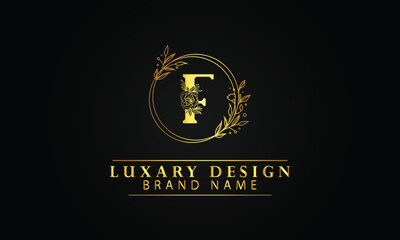 Letter F luxury circle flourish shape logo design template with black background
