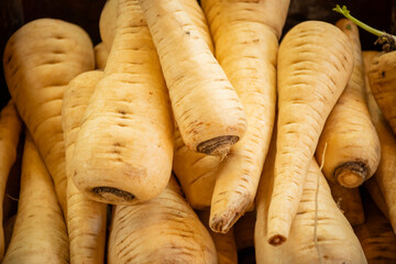 healthy parsnips fresh seasonal local produce on display in a farmers market where vegetables go from farm to table. root vegetables are typical food in European autumn and winter
 - obrazy, fototapety, plakaty