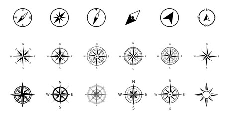 Compass simple icon set. Compass symbol set. Wind rose icon. Vector