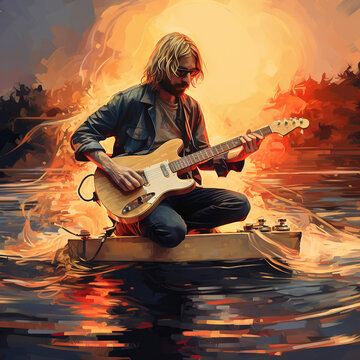 kurt cobain playing his custom made skate board guitar on a wooden boat floating down a lake of fire