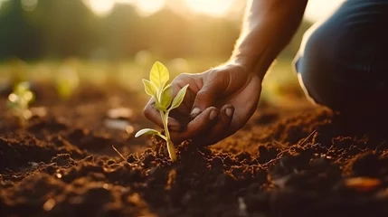 Foto op Aluminium Male hands touching soil on the field. Expert hand of farmer checking soil health before growth a seed of vegetable or plant seedling. Business or ecology concept. © Lucky Ai