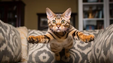 Foto op Plexiglas a playful Bengal cat leaping gracefully from one end of a couch to another, a blur of motion © RANA
