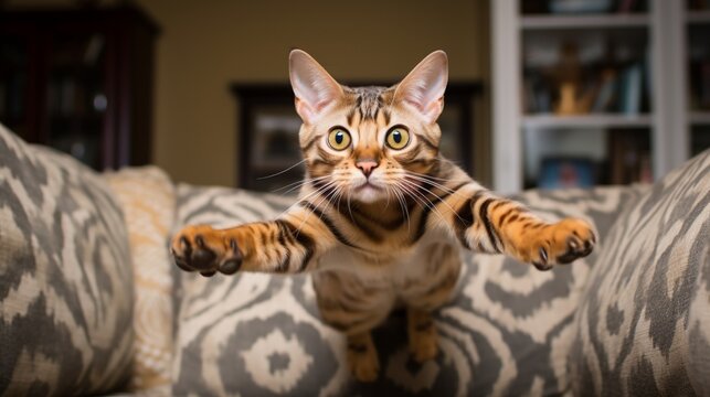 a playful Bengal cat leaping gracefully from one end of a couch to another, a blur of motion