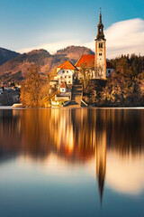 Lake Bled. mountain lake with a pilgrimage church. Slovenia's most famous lake and island Bled with...