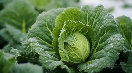 Savoy cabbage vegetable winter field snow covered frost bio detail leaves leaf heads Brassica oleracea sabauda close-up land root crop farm plantation farming harvest cultivated garden - obrazy, fototapety, plakaty