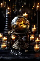 Fototapeta na wymiar Crystal ball amid occult seance setting background with empty space for text 